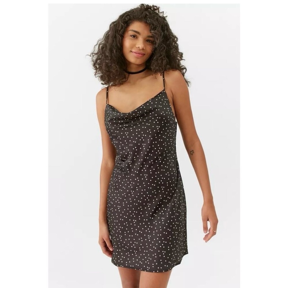 Urban Outfitters Black Polka Dot Satin Slip Dress